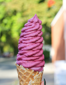 Berry soft serve in a waffle cone